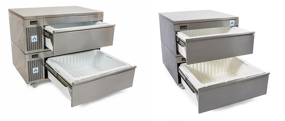 2 renders of 2-drawer refrigerator cabinets against a white background
