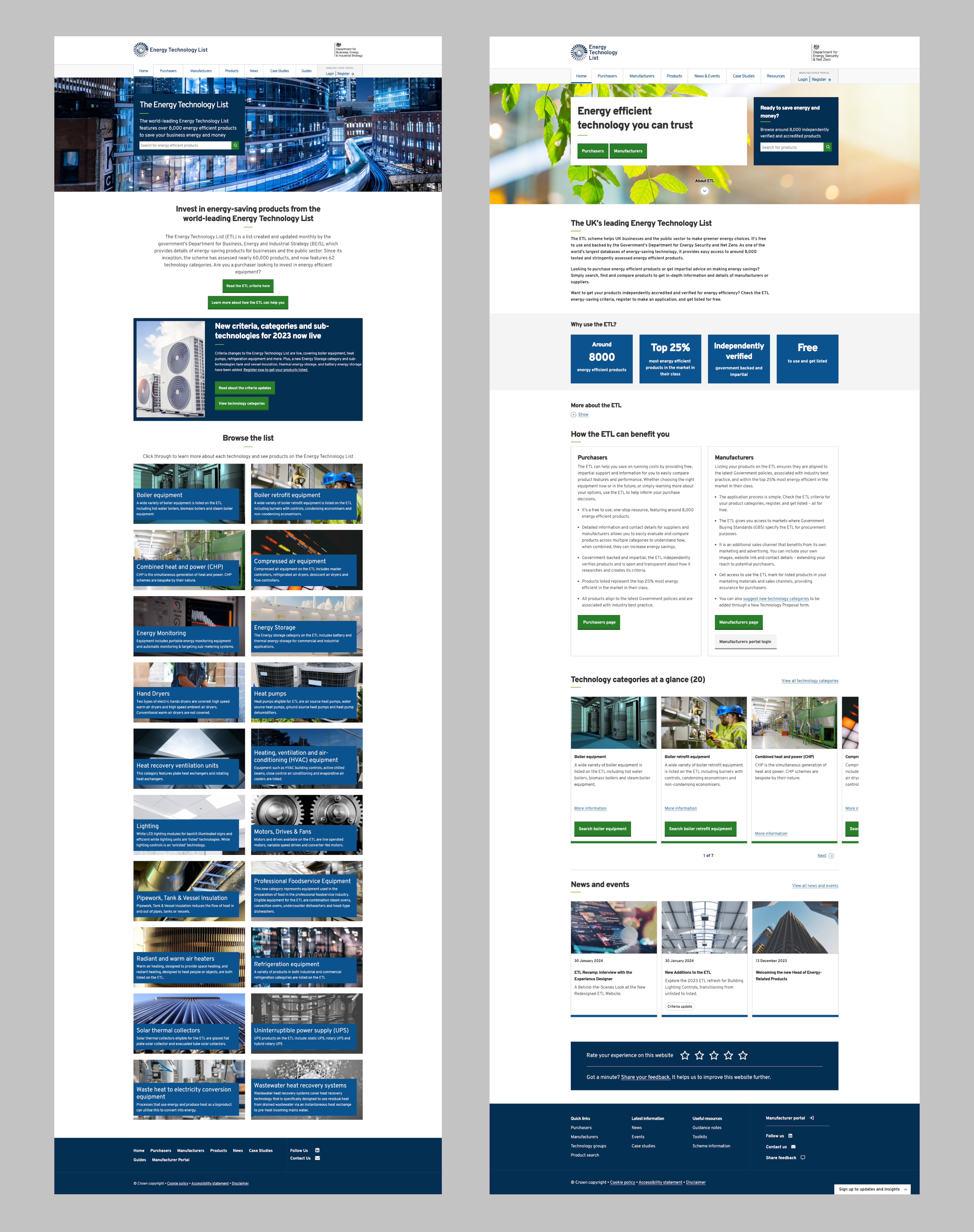 ETL website design depicting the homepage before and after