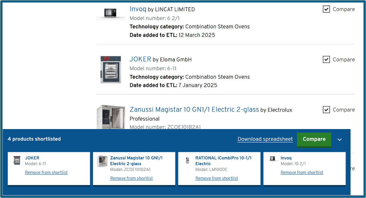 Select products from the search results page to build your shortlist, which will appear in the panel at the bottom of the page.